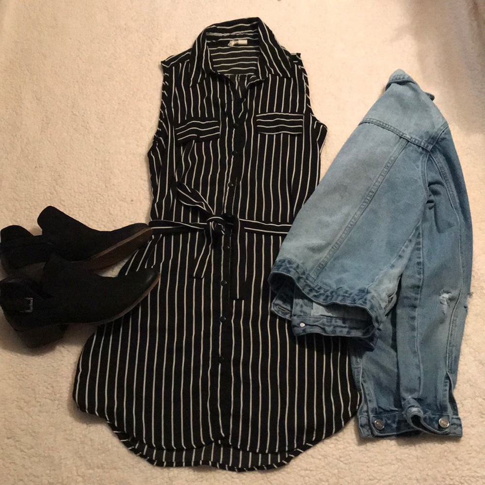 Striped Button Down Sleeveless Shirt Dress
